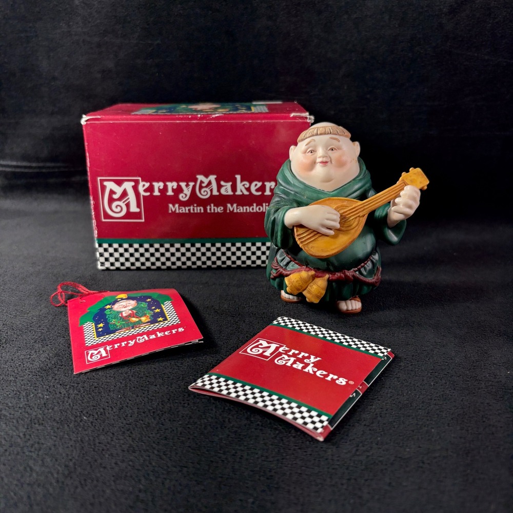 Dept 56 MerryMakers Martin the Mandolin Monk Figurine Green Robe Box Tag